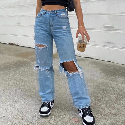 Women's Ripped Jeans High Waist Dress Wide Leg Denim Clothing Blue Street Clothing Vintage Quality 2022 Straight Pants