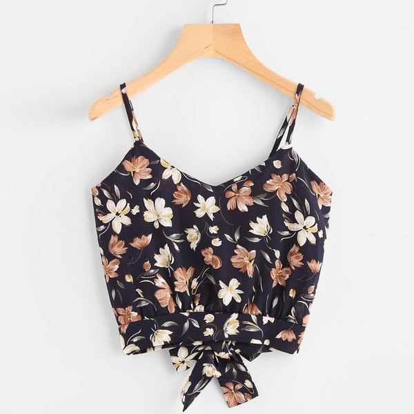 Women's Self Tie Back V Neck Print Floral Crop Camis Top Female Camisole Summer Tank Ladies Casual Blouse Tops Mujer Verano #LR3