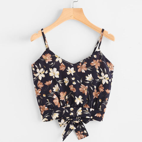 Women's Self Tie Back V Neck Print Floral Crop Camis Top Female Camisole Summer Tank Ladies Casual Blouse Tops Mujer Verano #LR3