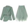 Women's Sets Belt Blazer+Elastic Waist Pleated Tulle Mesh Skirt Suit Two Piece Set Office Lady Women 2 Piece Skirt Suits