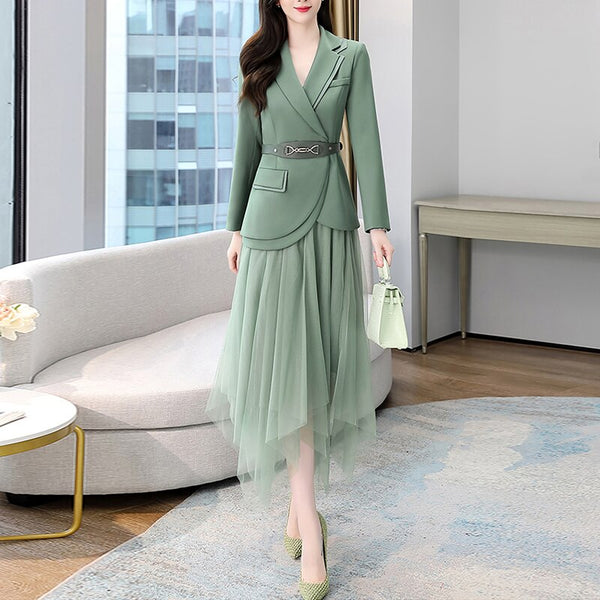 Women's Sets Belt Blazer+Elastic Waist Pleated Tulle Mesh Skirt Suit Two Piece Set Office Lady Women 2 Piece Skirt Suits