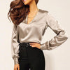 Women's Sexy Deep V Neck Satin Blouse Shirt Casual Long Sleeve Button Slim Blouses Office Lady Shirt Elegant Shirts Tops