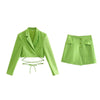 Women's Sexy Two-piece Solid Suit Skirt Blazer Slim High Waist Mini Dress Short Jacket Belt Green Skirt Set SXQ10