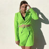 Women's Sexy Two-piece Solid Suit Skirt Blazer Slim High Waist Mini Dress Short Jacket Belt Green Skirt Set SXQ10