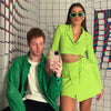 Women's Sexy Two-piece Solid Suit Skirt Blazer Slim High Waist Mini Dress Short Jacket Belt Green Skirt Set SXQ10