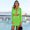 Women's Sexy Two-piece Solid Suit Skirt Blazer Slim High Waist Mini Dress Short Jacket Belt Green Skirt Set SXQ10