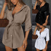 Women's Shirt Button Mini Dress Elegant Blouses For Women Autum Long Sleeve Ol Belt Work Plain Shirt Pocket Dress Blusas Mujer