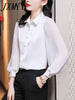 Women's Shirt Spring Autumn Elegant Folds Lantern Long Sleeve Blouse Office Lady Solid Turn-down Collar Tops Ladies