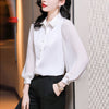 Women's Shirt Spring Autumn Elegant Folds Lantern Long Sleeve Blouse Office Lady Solid Turn-down Collar Tops Ladies