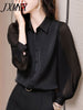Women's Shirt Spring Autumn Elegant Folds Lantern Long Sleeve Blouse Office Lady Solid Turn-down Collar Tops Ladies