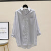 Women's Shirts 2023 Spring Summer Long Sleeve Stripes Shirt Blouse Mid-Long Before Short After Long Casual Jacket Top