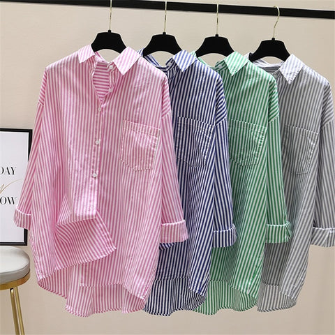 Women's Shirts 2023 Spring Summer Long Sleeve Stripes Shirt Blouse Mid-Long Before Short After Long Casual Jacket Top