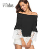 Women's Shirts Chiffon Blouses 2022 Casual Solid Sex Off Shoulder Bell Long Sleeve Shirt Lace Embroidery Tops blusas feminin