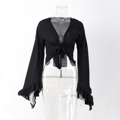 Women's Shirts Chiffon Blouses 2022 Sexy V Neck Long Bell Sleeve Bow Tie Front Crop Top Shawl Shrug Cardigan blusas feminin