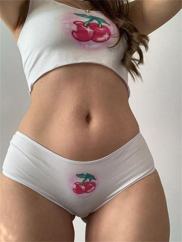 Women's Shorts and Cropped Sets Y2k Ins Cherry Print and Mini Pants Female Bodycon Underwear Kawaii 2PCS Alt Clothes