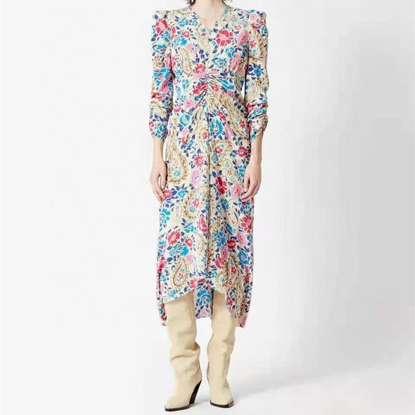 Women's Silk Irregular Robe Puff Sleeve Pleated V-neck Print Ladies Zipper Mid-calf Dress 2022 Autumn