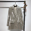 Women's Silver Sequined Blazers BlingBling Long-sleeved Mid-length Woman Suits Beaded Double Breasted OL Cardigan Crop Tops 2023