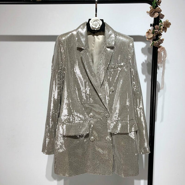 Women's Silver Sequined Blazers BlingBling Long-sleeved Mid-length Woman Suits Beaded Double Breasted OL Cardigan Crop Tops 2023