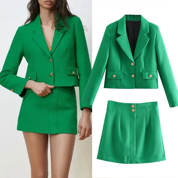 Women's Skirt Suit 2022 Za Office Short Green Blazer+High waist Mini Skirts Two Piece Set Casual Jacket Buttons Chic