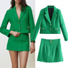 Women's Skirt Suit 2022 Za Office Short Green Blazer+High waist Mini Skirts Two Piece Set Casual Jacket Buttons Chic