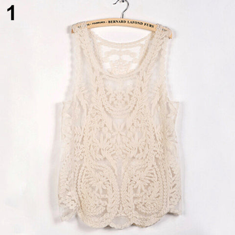 Women's Sleeveless Lace Tank Top Sexy Embroidery Hollow-out Floral Crochet Shirt