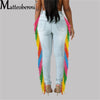 Women’s Slim Fit Jeans Solid Color Ripped Splicing Side Color Tassel Stretch High Waist Denim Pencil Long Pants Trousers