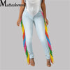 Women’s Slim Fit Jeans Solid Color Ripped Splicing Side Color Tassel Stretch High Waist Denim Pencil Long Pants Trousers