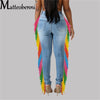 Women’s Slim Fit Jeans Solid Color Ripped Splicing Side Color Tassel Stretch High Waist Denim Pencil Long Pants Trousers