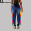 Women’s Slim Fit Jeans Solid Color Ripped Splicing Side Color Tassel Stretch High Waist Denim Pencil Long Pants Trousers