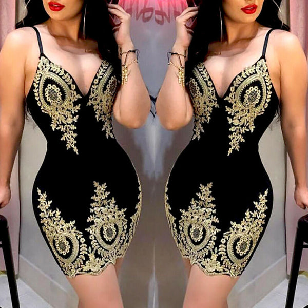 Women's Slim Print  Sling Spaghetti Bodycon Lace Strappy Ladies Evening Party Mini Short Dress Size S-XL V Neck