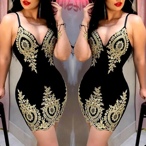 Women's Slim Print  Sling Spaghetti Bodycon Lace Strappy Ladies Evening Party Mini Short Dress Size S-XL V Neck