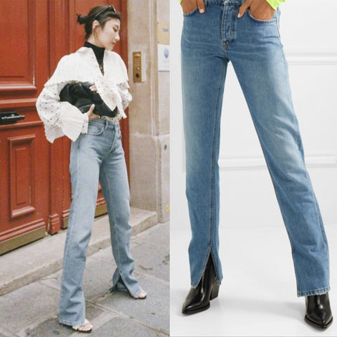 Women's Slits Jeans High Waist Solid Color Straight Simple Vintage Ladies Denim Long Pants 2022 Spring New