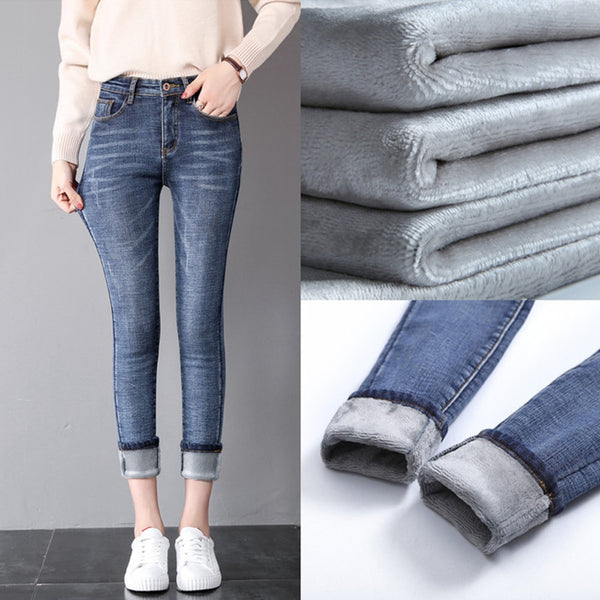 Women's Solid Color Fleece Lined Jeans High Waisted Stretchy Skinny Denim Pants Winter Warm Thick Leggings Jeans with Pockets