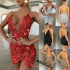 Women's Spaghetti Strap Deep V Neck Sequins Glitter Short Dress Sparkly Bodycon Evening Party Club Wear Dress