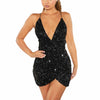 Women's Spaghetti Strap Deep V Neck Sequins Glitter Short Dress Sparkly Bodycon Evening Party Club Wear Dress