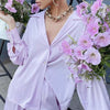 Women's Spring Autumn Satin Streetwear Two Piece Set Long Sleeve Shirt +Shorts Outfits Female Solid Color Shorts Suit