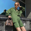 Women's Spring Autumn Satin Streetwear Two Piece Set Long Sleeve Shirt +Shorts Outfits Female Solid Color Shorts Suit