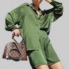 Women's Spring Autumn Satin Streetwear Two Piece Set Long Sleeve Shirt +Shorts Outfits Female Solid Color Shorts Suit