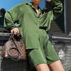 Women's Spring Autumn Satin Streetwear Two Piece Set Long Sleeve Shirt +Shorts Outfits Female Solid Color Shorts Suit