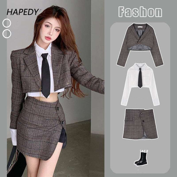 Women's Suit 2023 Plaid Short blazers with High Waist Side Slit Mini Skirt Tweed Sexy Office 2-piece Elegant Sets Lady Outfits