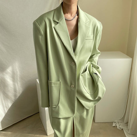 Women's Suit Autumn Fried Street Lapel Casual Oversized Suit Jacket + High Waist Split Skirt Suit 2 Piece Set Streetwear