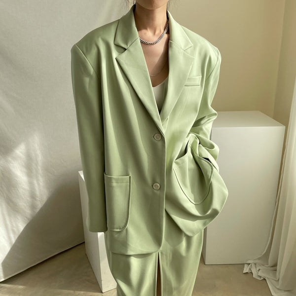 Women's Suit Autumn Fried Street Lapel Casual Oversized Suit Jacket + High Waist Split Skirt Suit 2 Piece Set Streetwear