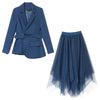 Women's Suit Blazer Jacket Asymmetrical Mesh Skirt Two Piece Sets Belt Elegant Women Coat Casual Office Lady Skirt Suits Set