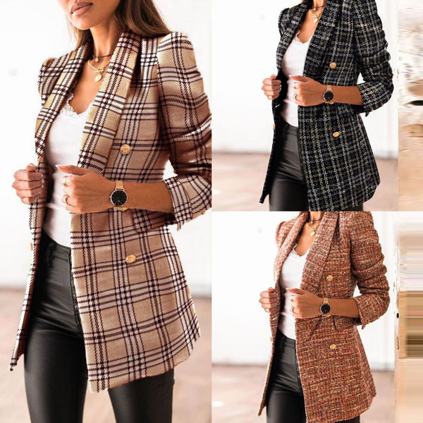 Women's Suit Jacket Autumn Winter Vintage Casual Plaid Lapel Double Breasted Button Blazer Elegant Office Lady Clothing