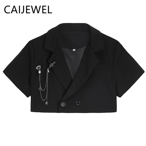 Women's Suit 2022 Summer Short Sleeves Harajuku Y2K Baggy Polo Collar TOP Pleated Skirt Suit Blazer Outwear Jackets