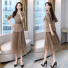 Women's Suit Spring Korean Slim Sashes Blazer Tulle Skirts Elastic Waist Mesh Pleated Midi Womens Skirt Suit 2 Piecse Set