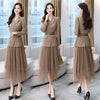 Women's Suit Spring Korean Slim Sashes Blazer Tulle Skirts Elastic Waist Mesh Pleated Midi Womens Skirt Suit 2 Piecse Set