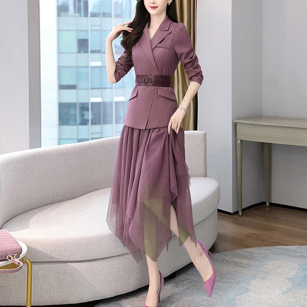 Women's Suit Spring Korean Slim Sashes Blazer Tulle Skirts Elastic Waist Mesh Pleated Midi Womens Skirt Suit 2 Piecse Set