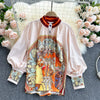Women's Suit Spring Summer Suit Vintage Printed Two Piece Set Loose Blouse Tops High Waist Pocket Leg Shorts Female Sets