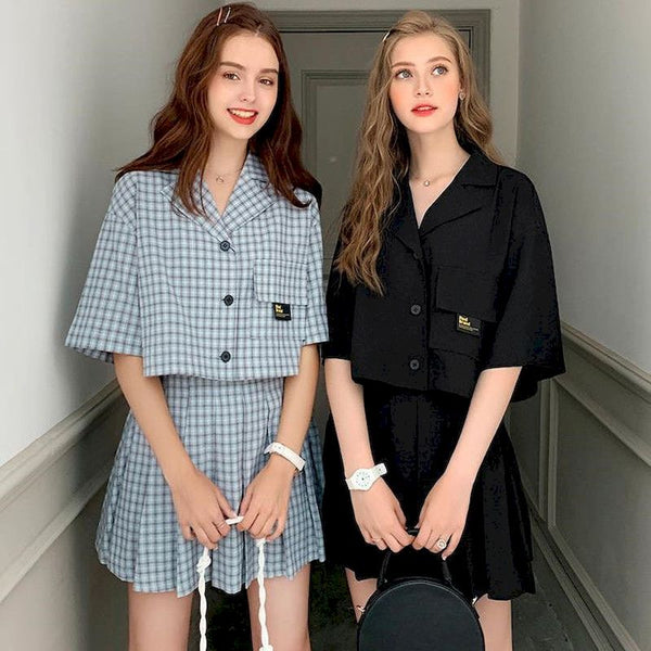 Women's Suits Skirt Suit French Girlfriends Sisters Pleated Skirts Short Sleeve Jacket Two Piece Set Blazer and Skirt Set Summer